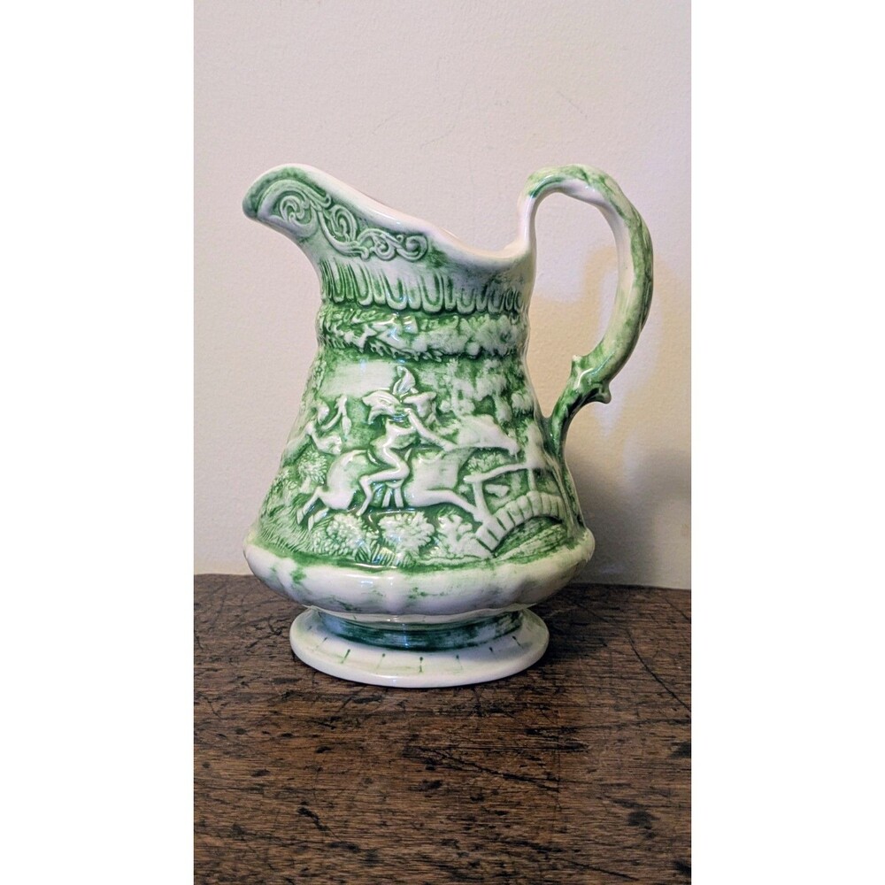 Vintage 1974 Tam O'Shanter Green Ceramic Pitcher Witch Chase Scene Robert Burns